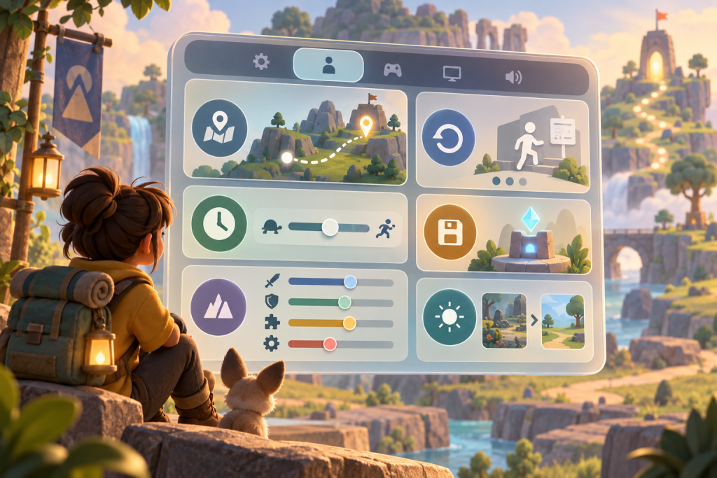 Interfaz ficticia que muestra opciones de accesibilidad cognitiva en videojuegos: recordatorio de objetivo, tutorial repetible, control del tiempo, dificultad por componentes y reducción de distracciones.