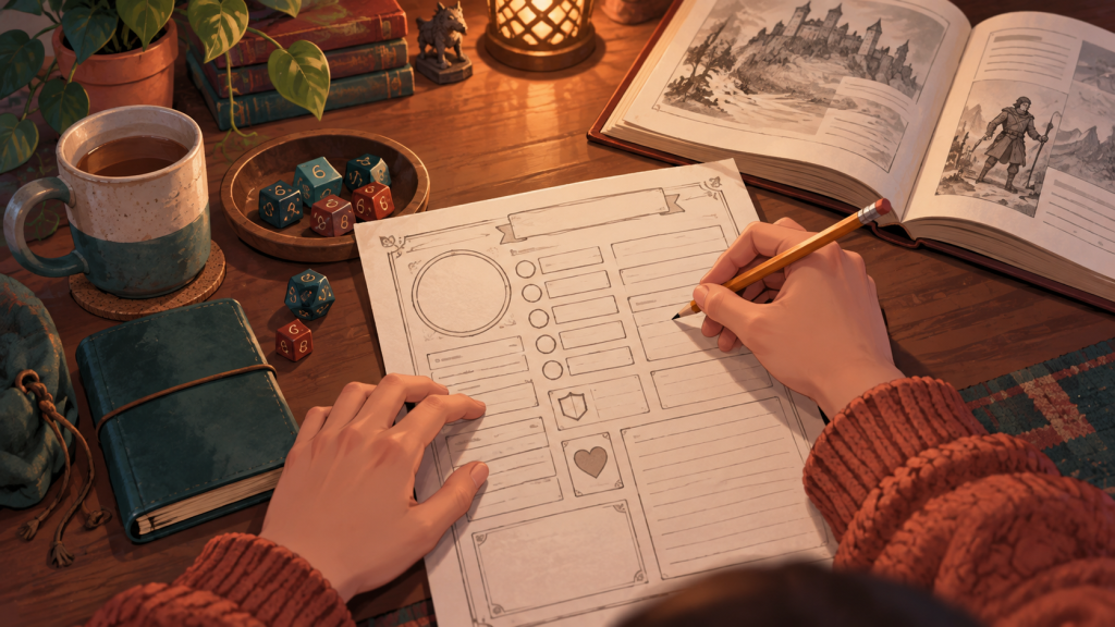 Manos creando un personaje de rol en una hoja junto a dados y un reglamento abierto