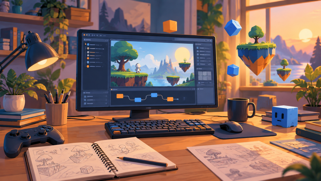 Ilustración de un estudio de desarrollo con un monitor y elementos de juegos indies hechos con Godot.