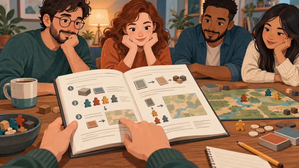 Persona leyendo un reglamento de juego de mesa junto a componentes genéricos en una mesa
