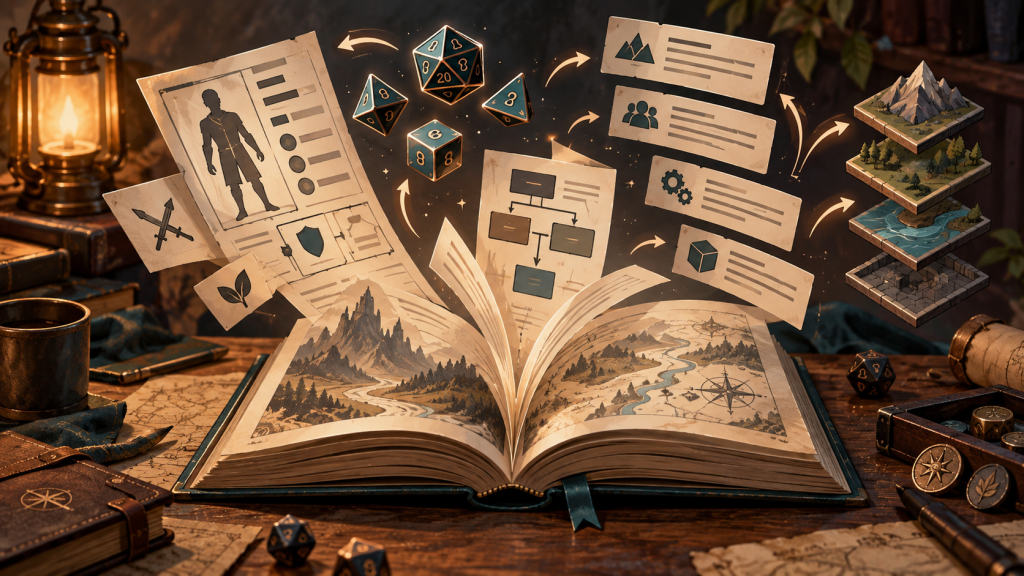 Libro de reglas de rol abierto con dados y componentes modulares sobre una mesa