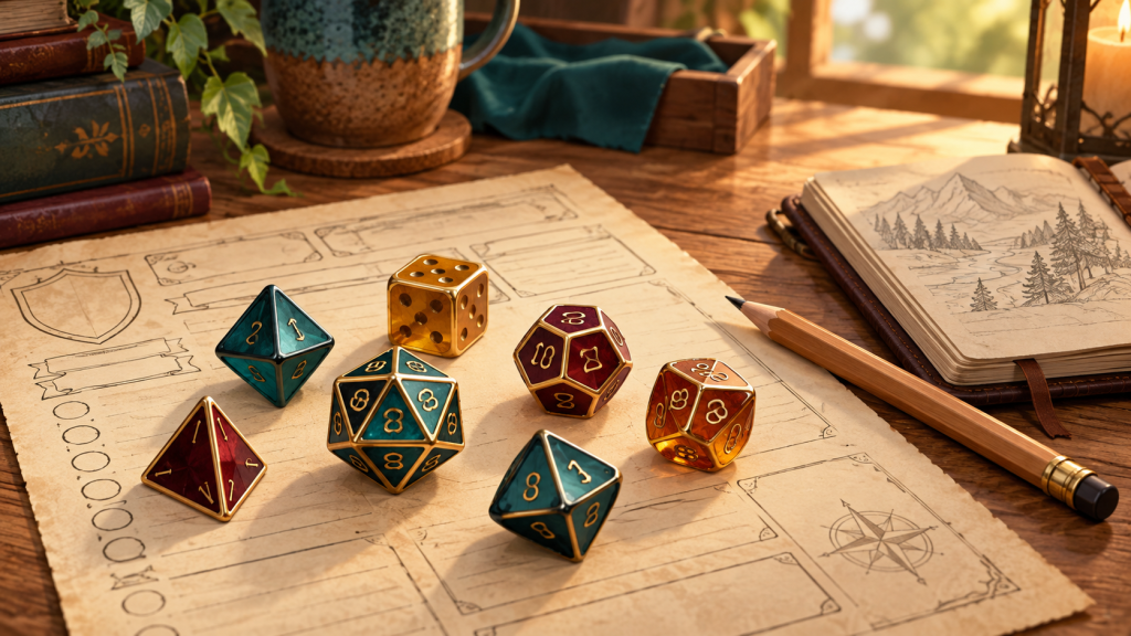 Cómo elegir dados para empezar a jugar a rol: set de dados poliédricos sobre una hoja de personaje