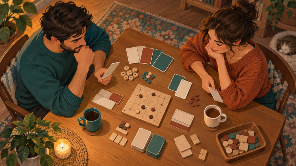 Dos personas eligen juegos de mesa para dos jugadores ante una mesa con cartas y fichas sin marca