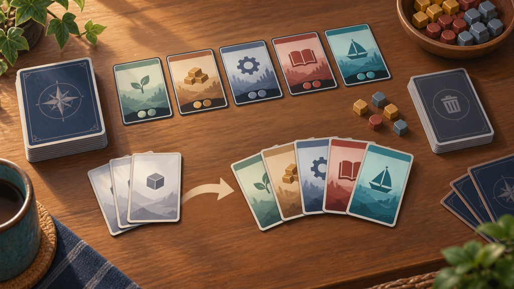 Mesa de juego con cartas genéricas de deck-building, mercado central y fichas de recursos.