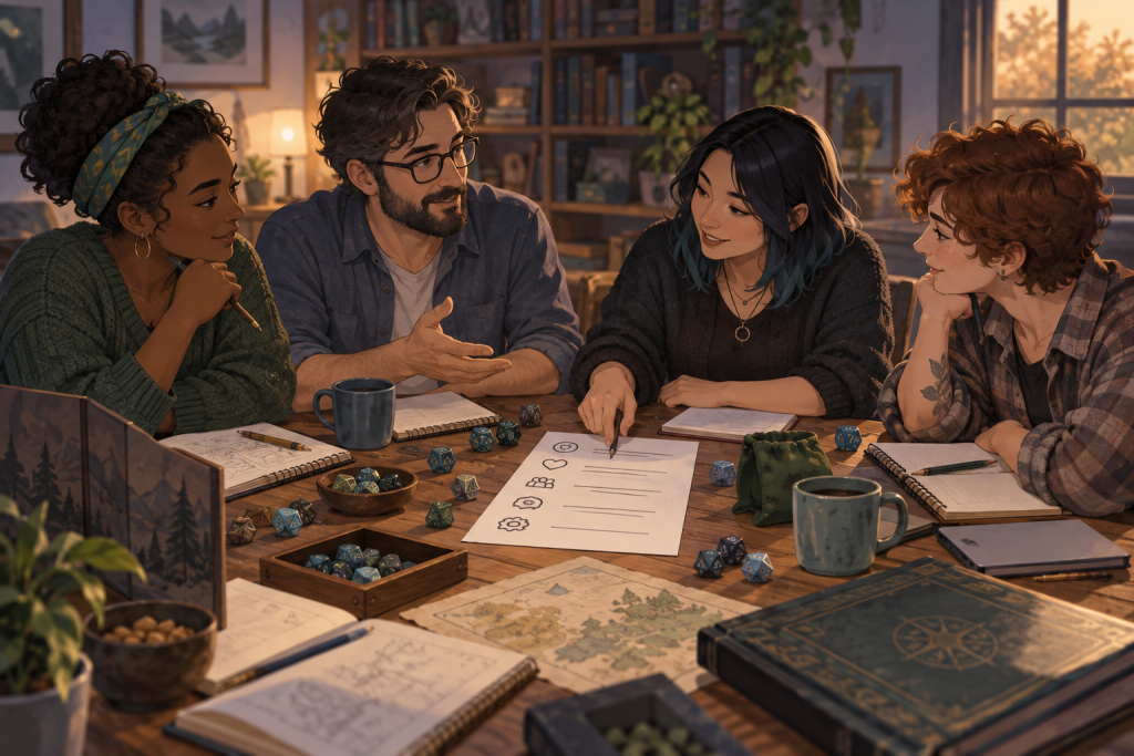 Sesión cero para juegos de rol: cuatro personas conversan alrededor de una mesa con dados, cuadernos y una hoja de acuerdos