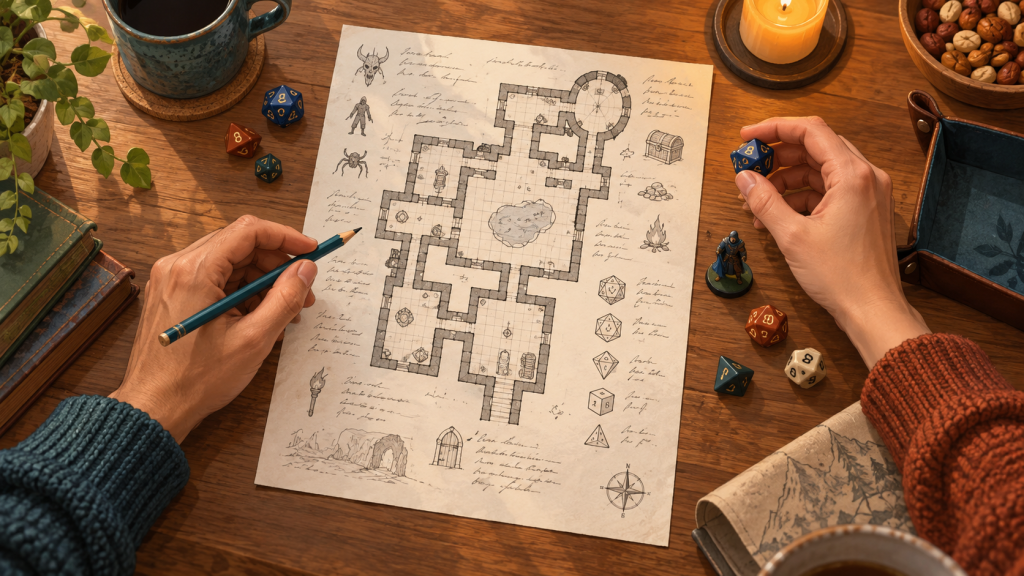 Una hoja de rol de una página con un mapa de mazmorra, dados y lápiz sobre una mesa