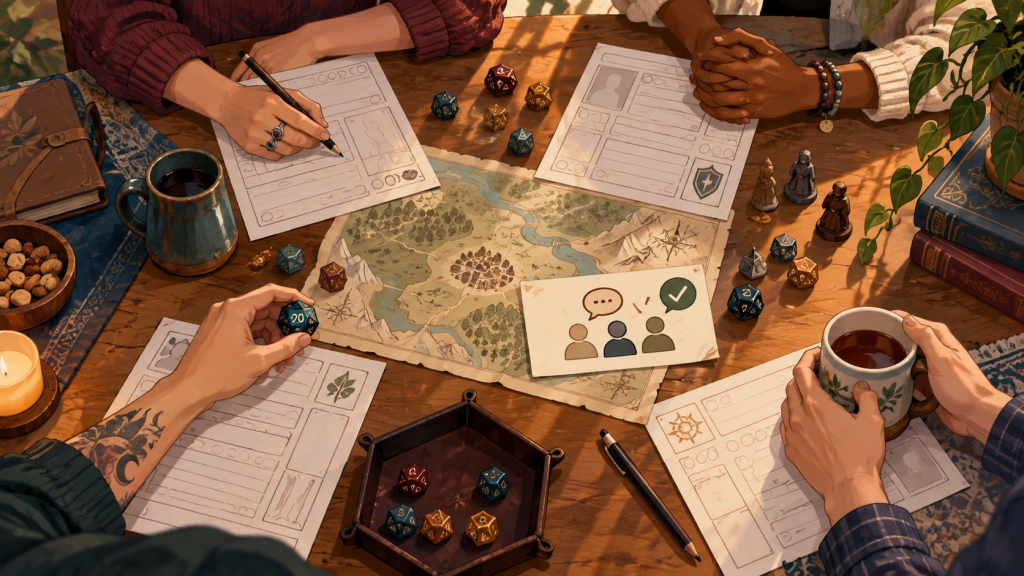 Sesión cero en rol: grupo de jugadores conversa alrededor de una mesa antes de empezar la campaña