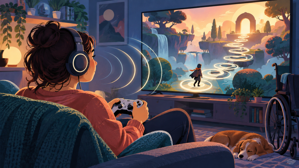 Ilustración de una persona con auriculares que representa elegir un videojuego accesible con sonido y controles